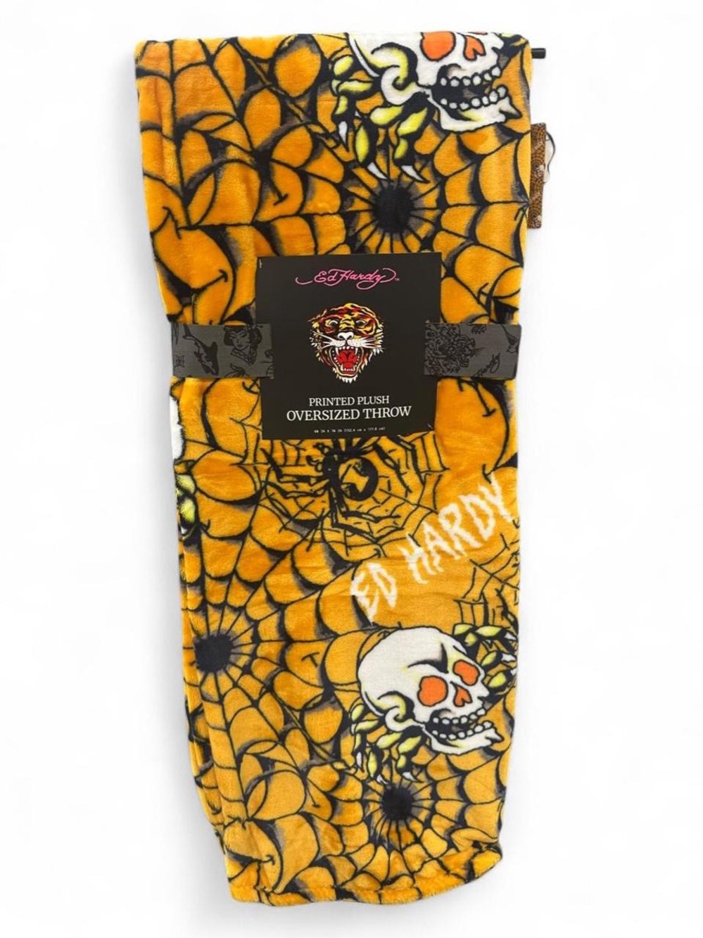 Ed Hardy Orange Skull & Spiderweb Plush Oversized Throw Blanket